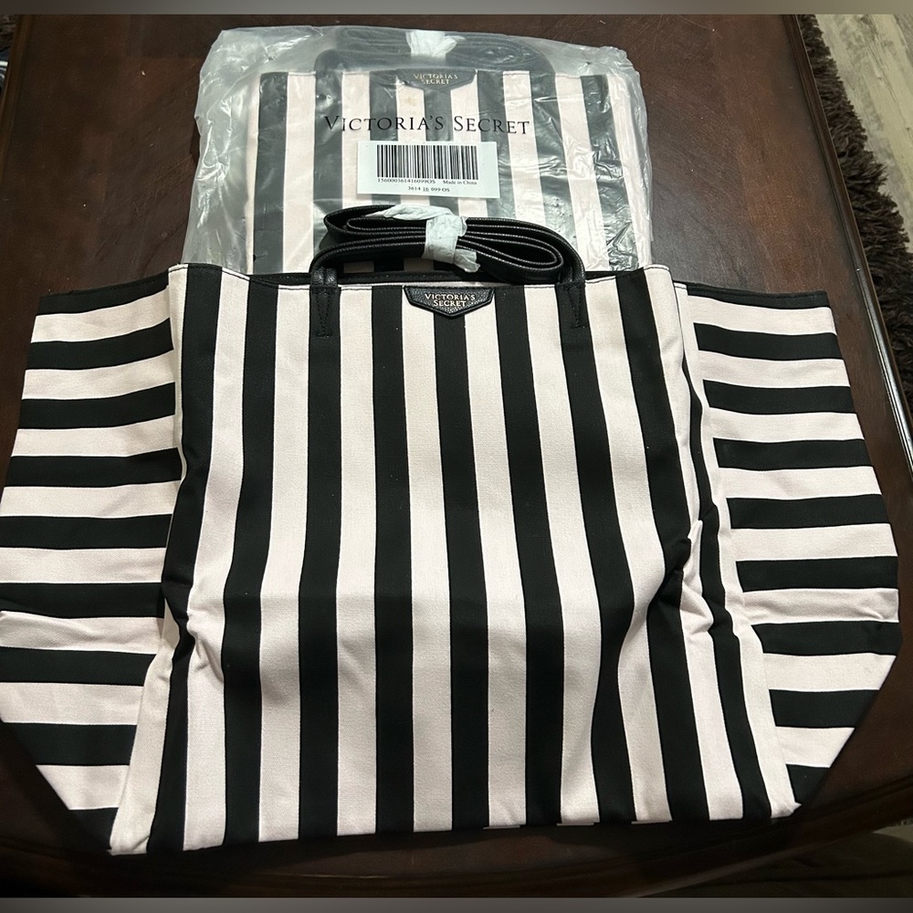 BRAND NEW - Striped, pink and black Victoria’s Secret tote bag with wristlet